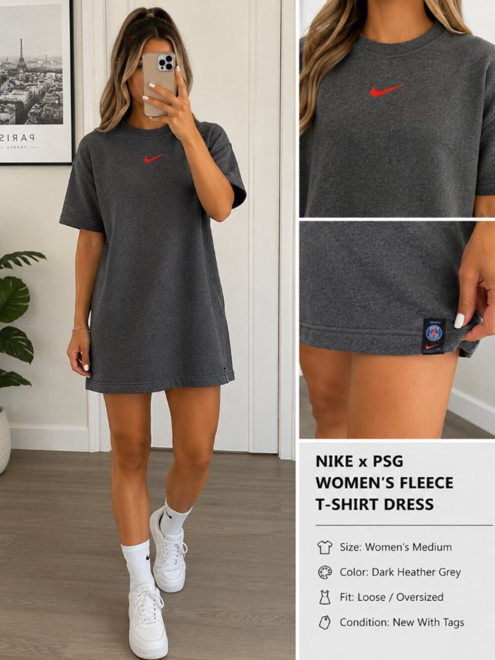 🔥 Nike x PSG Paris Saint-Germain Women’s Fleece T-Shirt Dress M NWT